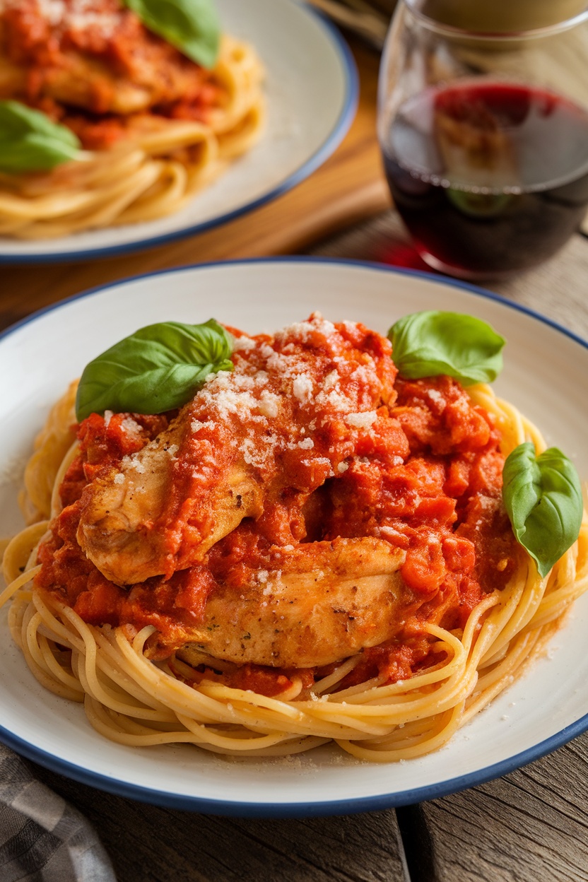 Spicy Chicken Arrabbiata with chicken in tomato sauce on pasta, garnished with basil and Parmesan on a wooden table.